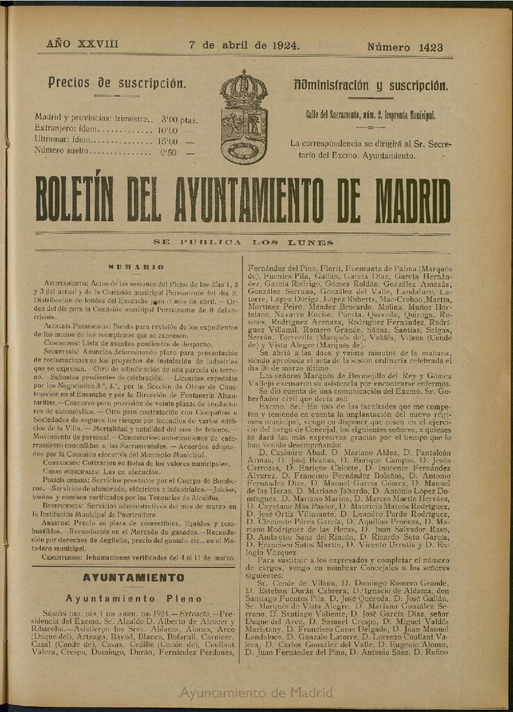 Miniatura de Boletín Oficial del Ayuntamiento de Madrid del 7 de abril de 1924, nº 1423