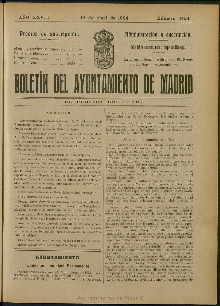 Miniatura de Boletín Oficial del Ayuntamiento de Madrid del 14 de abril de 1924, nº 1424