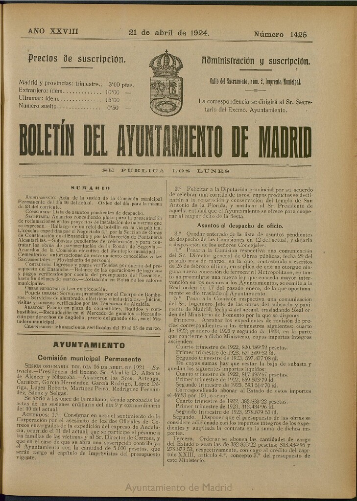 Miniatura de Boletín Oficial del Ayuntamiento de Madrid del 21 de abril de 1924, nº 1425