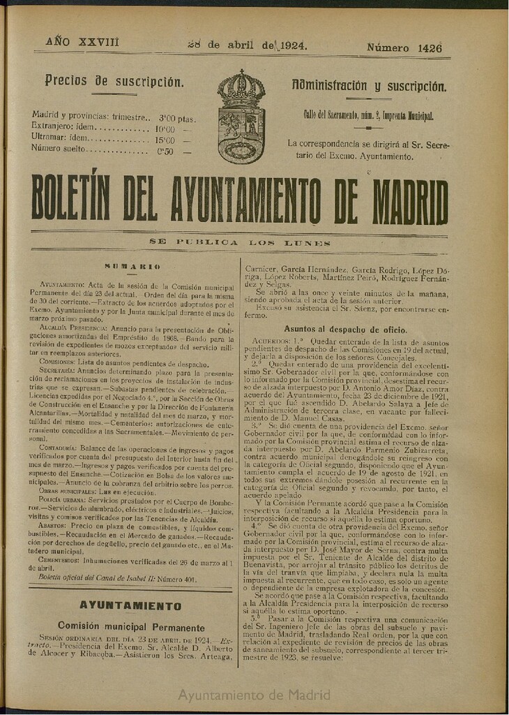Miniatura de Boletín Oficial del Ayuntamiento de Madrid del 28 de abril de 1924, nº 1426