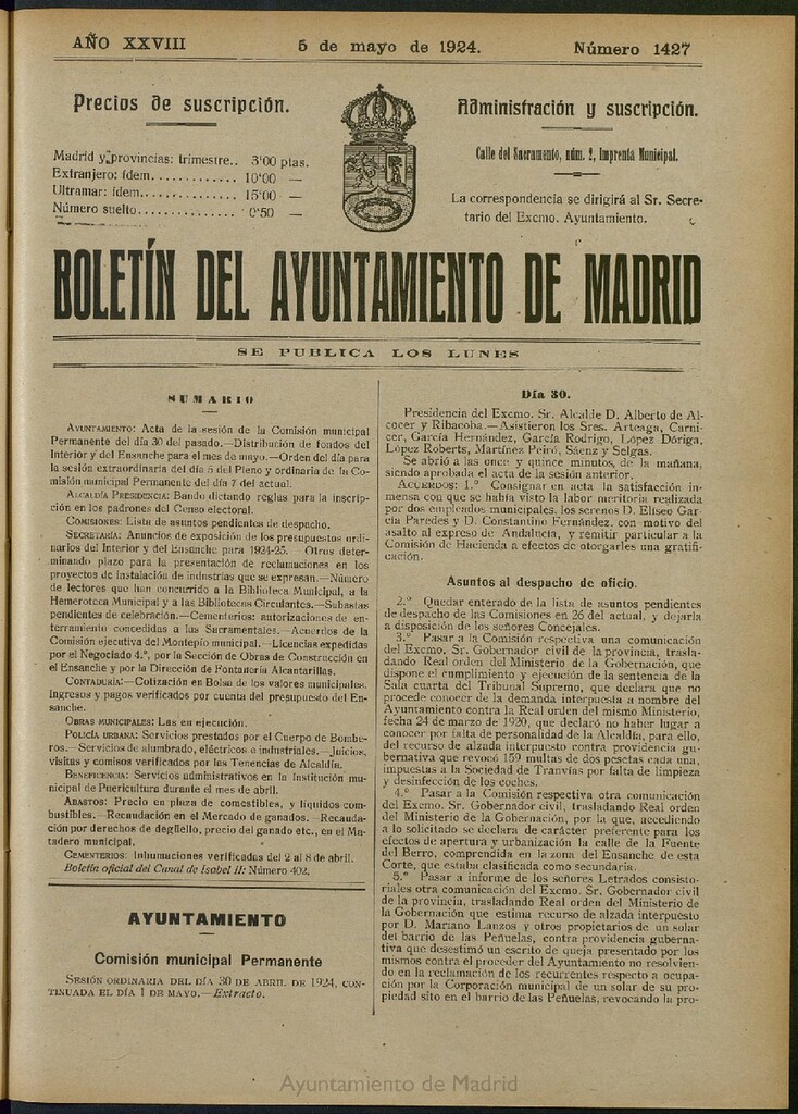 Miniatura de Boletín Oficial del Ayuntamiento de Madrid del 5 de mayo de 1924, nº 1427