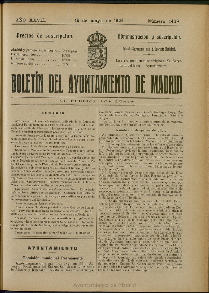 Miniatura de Boletín Oficial del Ayuntamiento de Madrid del 19 de mayo de 1924, nº 1429