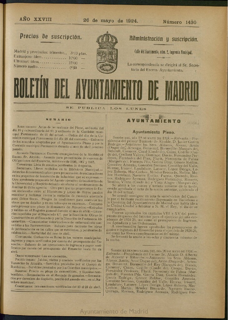 Miniatura de Boletín Oficial del Ayuntamiento de Madrid del 26 de mayo de 1924, nº 1430
