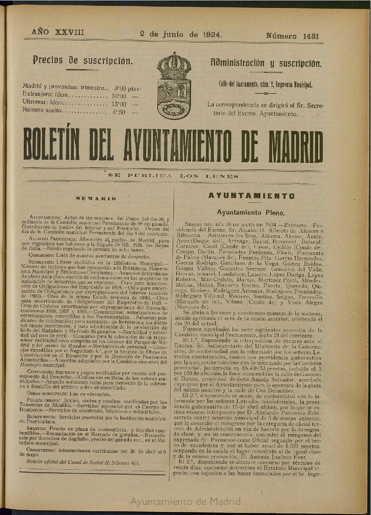 Miniatura de Boletín Oficial del Ayuntamiento de Madrid del 2 de junio de 1924, nº 1431