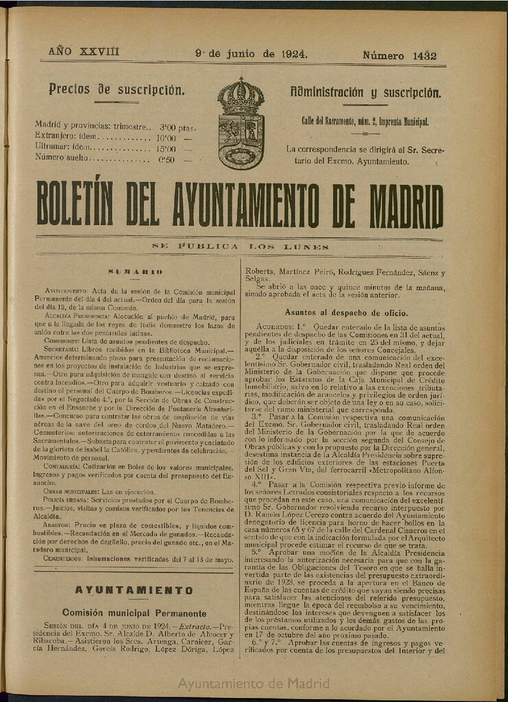 Miniatura de Boletín Oficial del Ayuntamiento de Madrid del 9 de junio de 1924, nº 1432