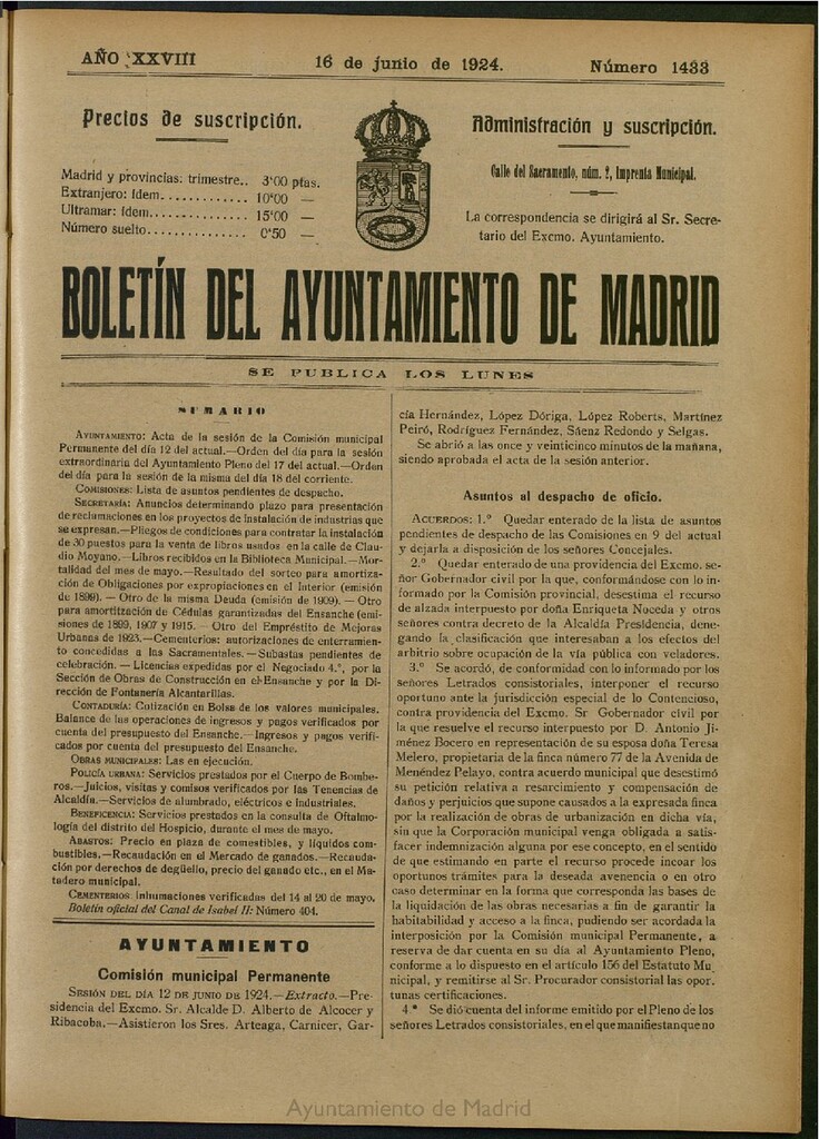 Miniatura de Boletín Oficial del Ayuntamiento de Madrid del 16 de junio de 1924, nº 1433
