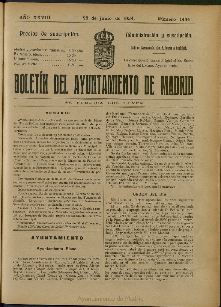 Miniatura de Boletín Oficial del Ayuntamiento de Madrid del 23 de junio de 1924, nº 1434