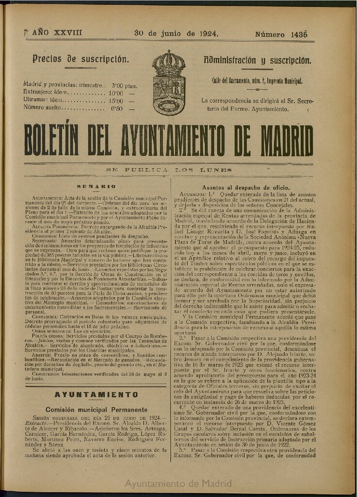 Miniatura de Boletín Oficial del Ayuntamiento de Madrid del 30 de junio de 1924, nº 1435