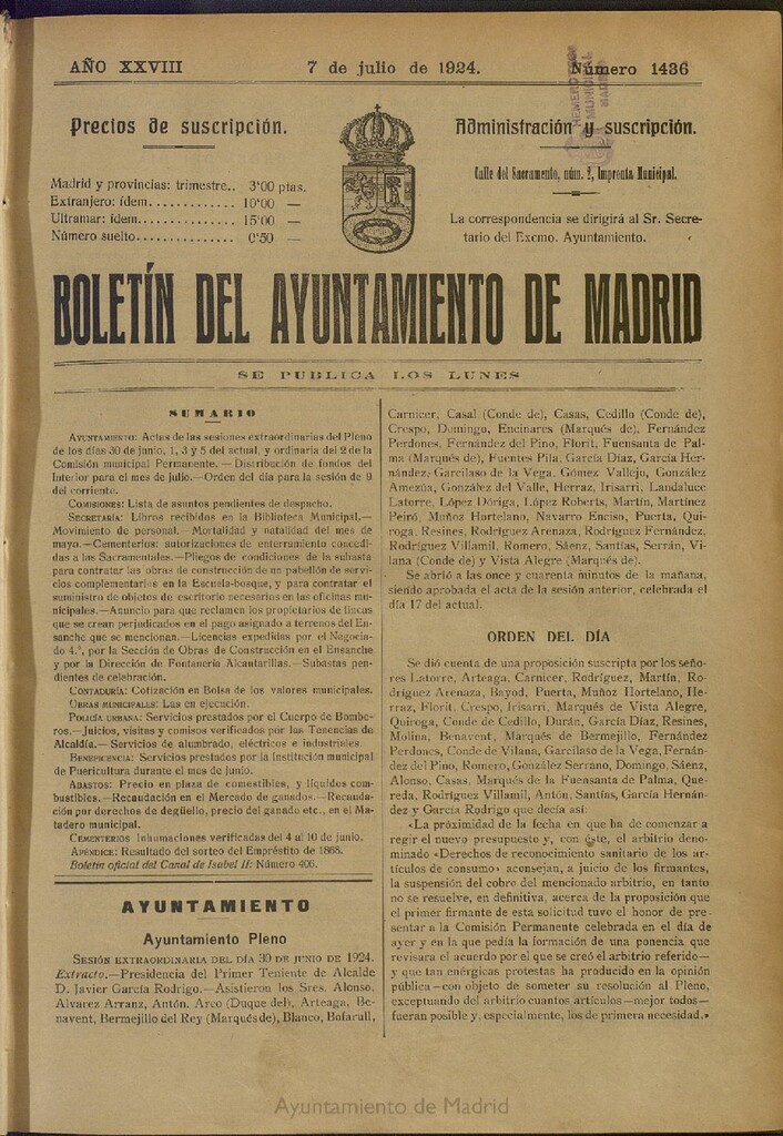 Miniatura de Boletín Oficial del Ayuntamiento de Madrid del 7 de julio de 1924, nº 1436