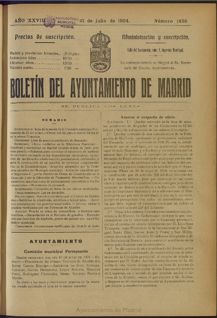 Miniatura de Boletín Oficial del Ayuntamiento de Madrid del 21 de julio de 1924, nº 1438