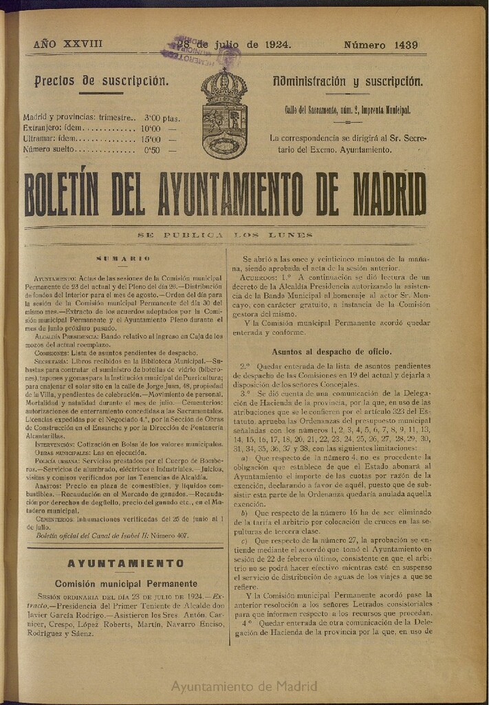 Miniatura de Boletín Oficial del Ayuntamiento de Madrid del 28 de julio de 1924, nº 1439