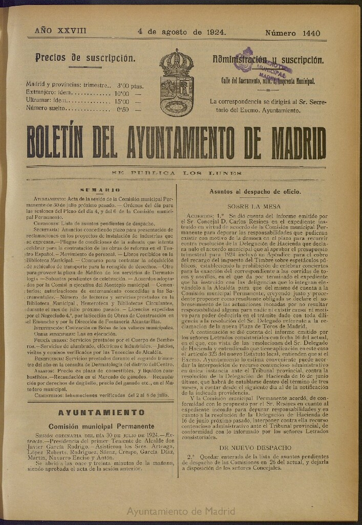 Miniatura de Boletín Oficial del Ayuntamiento de Madrid del 4 de agosto de 1924, nº 1440