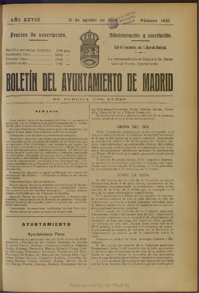 Miniatura de Boletín Oficial del Ayuntamiento de Madrid del 11 de agosto de 1924, nº 1441