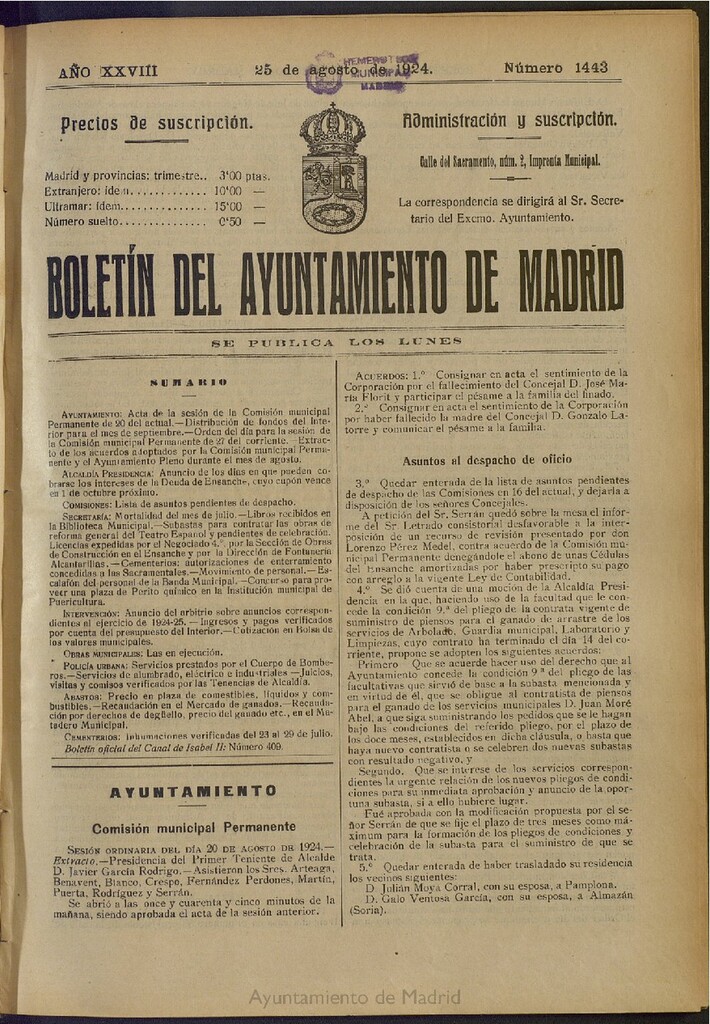 Miniatura de Boletín Oficial del Ayuntamiento de Madrid del 25 de agosto de 1924, nº 1443