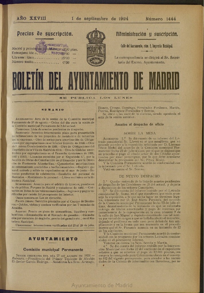 Miniatura de Boletín Oficial del Ayuntamiento de Madrid del 1 de septiembre de 1924, nº 1444