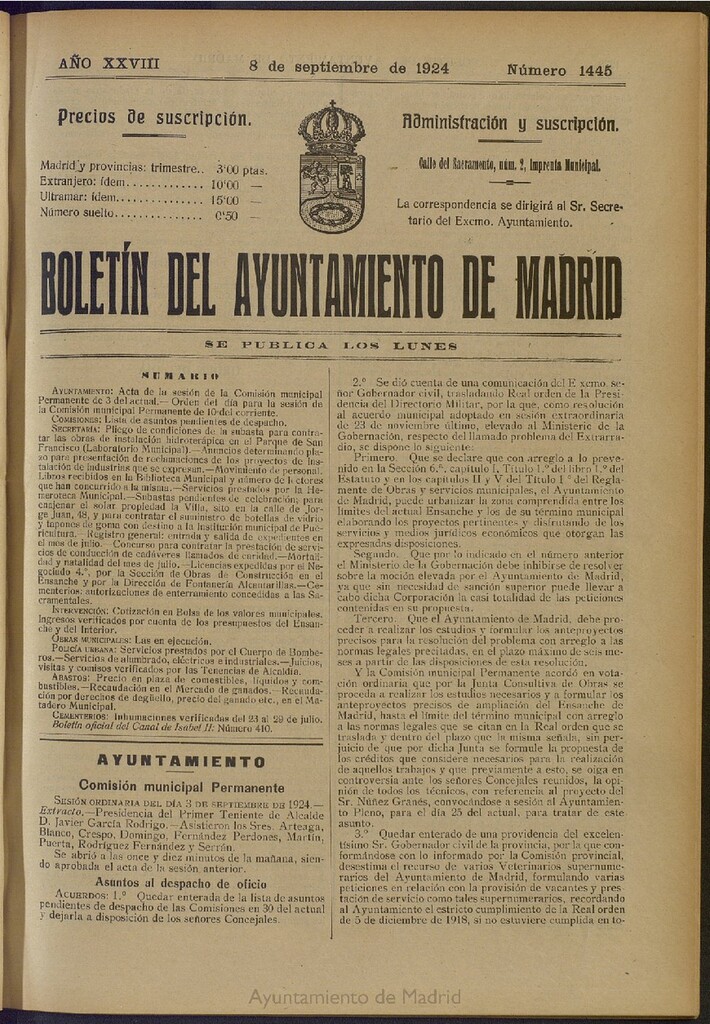 Miniatura de Boletín Oficial del Ayuntamiento de Madrid del 8 de septiembre de 1924, nº 1445