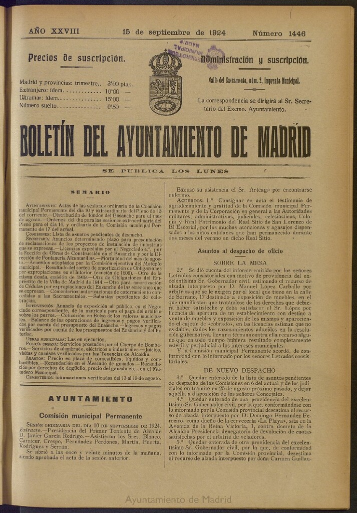 Miniatura de Boletín Oficial del Ayuntamiento de Madrid del 15 de septiembre de 1924, nº 1446