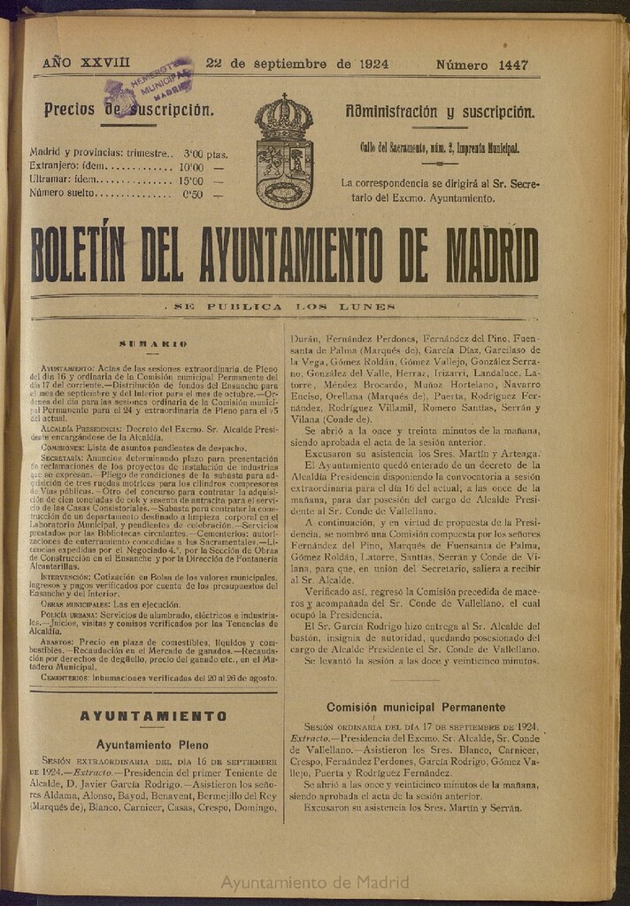 Miniatura de Boletín Oficial del Ayuntamiento de Madrid del 22 de septiembre de 1924, nº 1447
