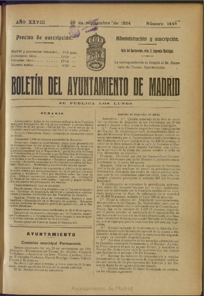 Miniatura de Boletín Oficial del Ayuntamiento de Madrid del 29 de septiembre de 1924, nº 1448
