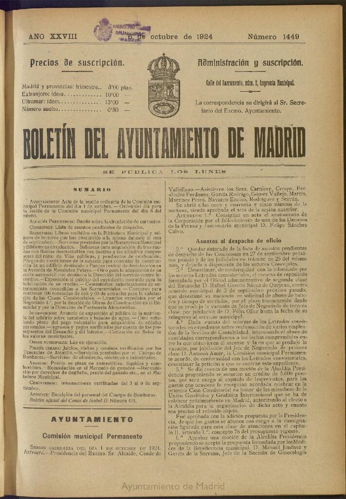 Miniatura de Boletín Oficial del Ayuntamiento de Madrid del 6 de octubre de 1924, nº 1449