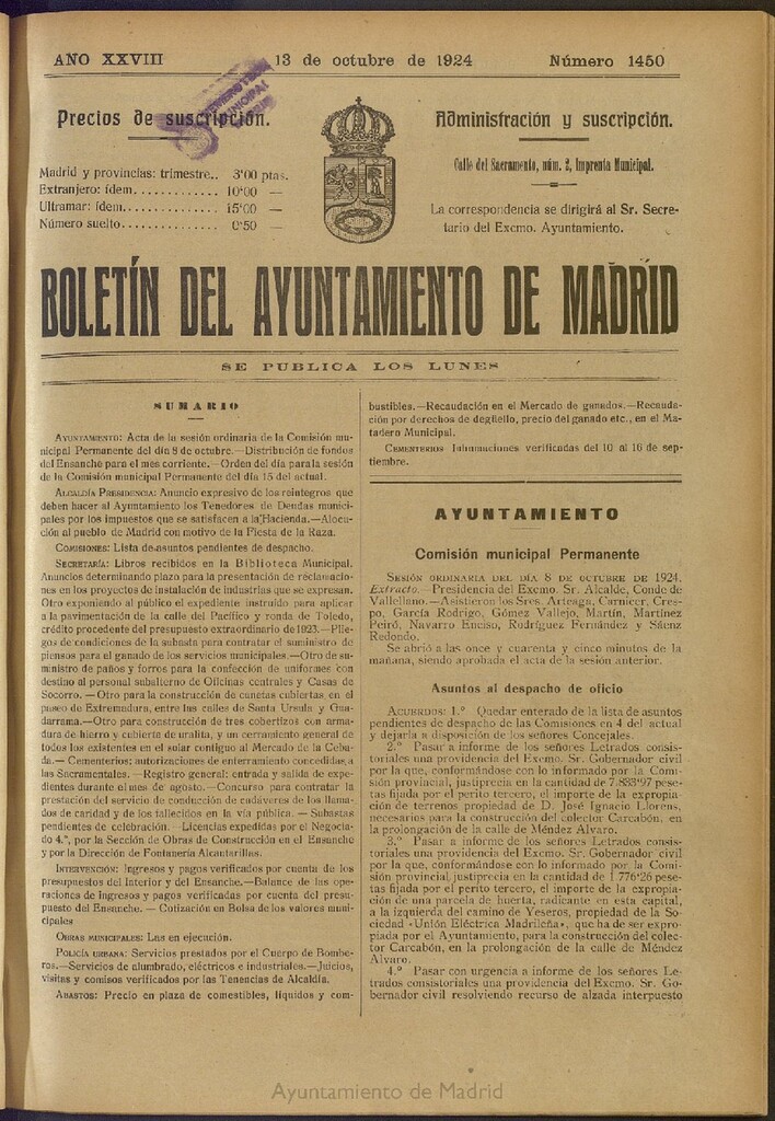 Miniatura de Boletín Oficial del Ayuntamiento de Madrid del 13 de octubre de 1924, nº 1450