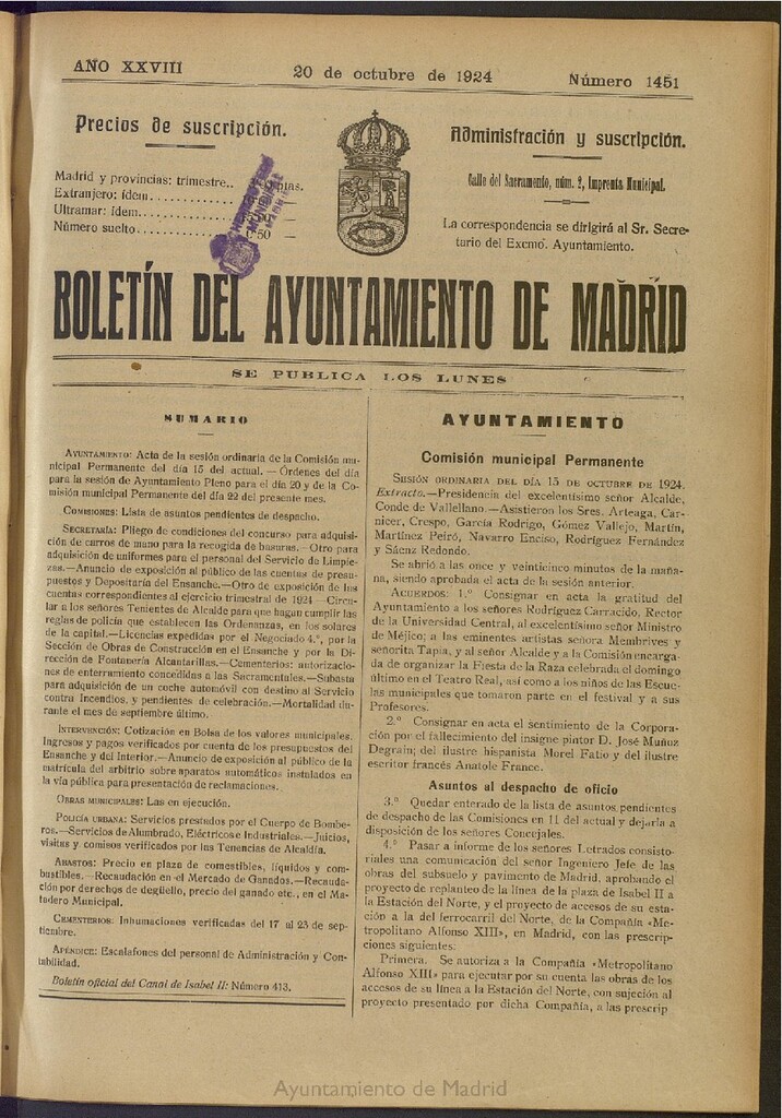 Miniatura de Boletín Oficial del Ayuntamiento de Madrid del 20 de octubre de 1924, nº 1451