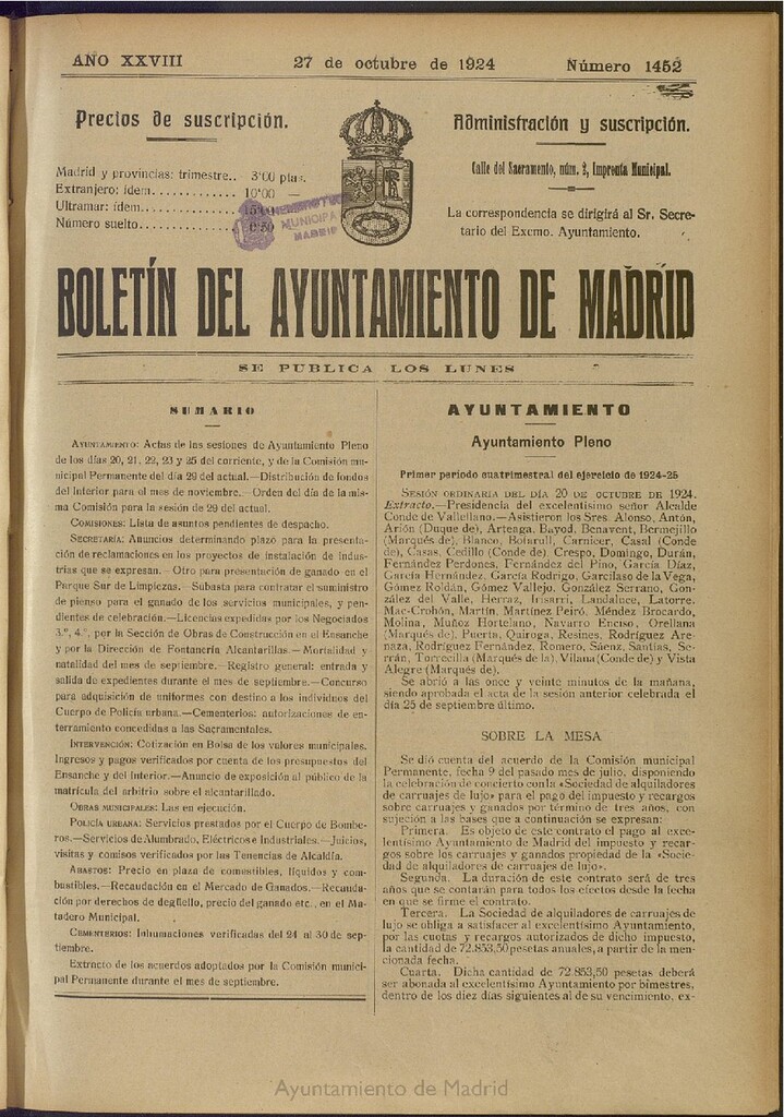 Miniatura de Boletín Oficial del Ayuntamiento de Madrid del 27 de octubre de 1924, nº 1452