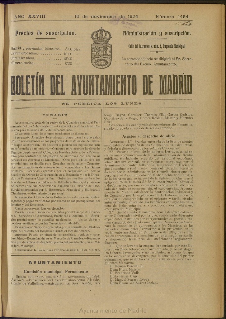 Miniatura de Boletín Oficial del Ayuntamiento de Madrid del 10 de noviembre de 1924, nº 1454