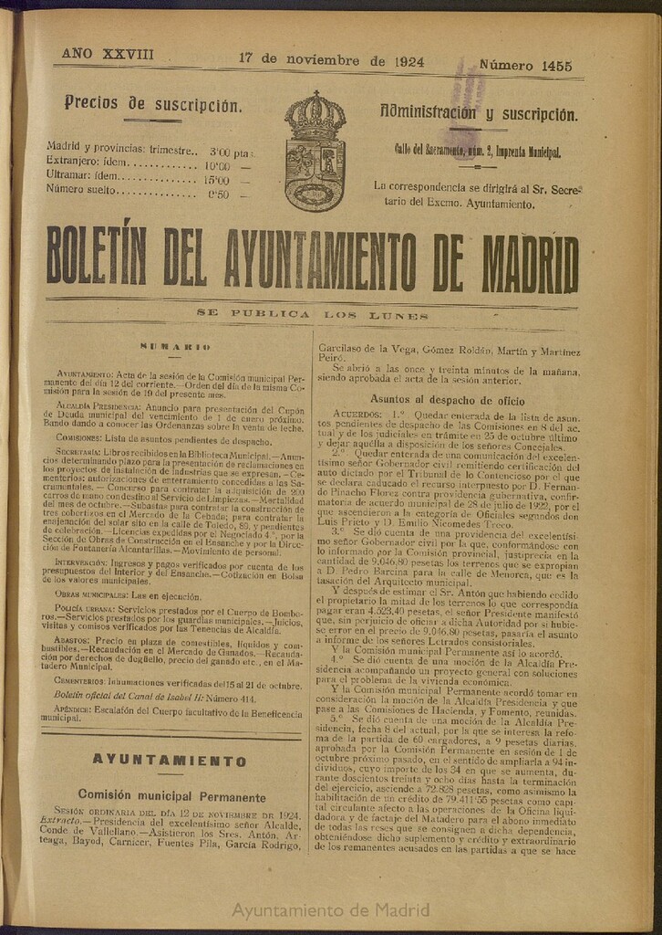 Miniatura de Boletín Oficial del Ayuntamiento de Madrid del 17 de noviembre de 1924, nº 1455