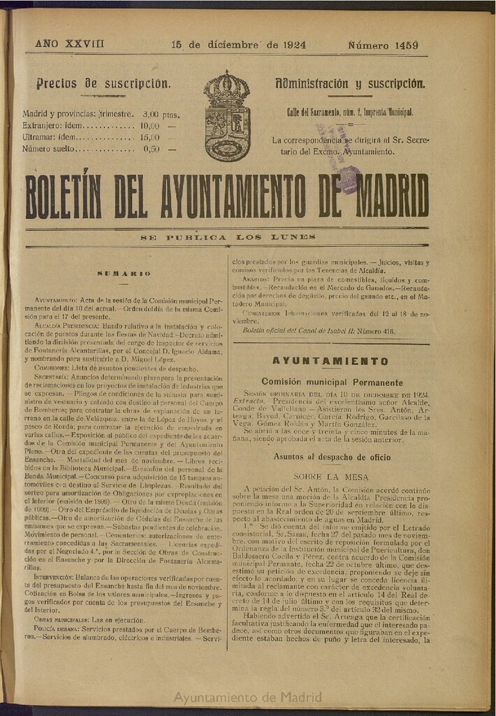 Miniatura de Boletín Oficial del Ayuntamiento de Madrid del 15 de diciembre de 1924, nº 1459