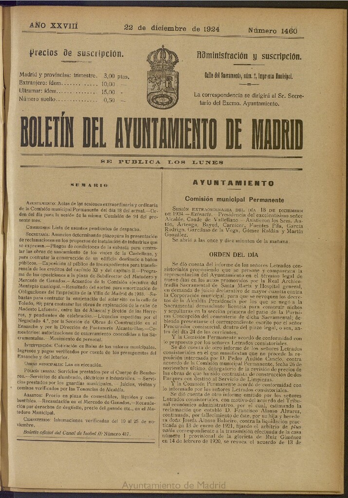 Miniatura de Boletín Oficial del Ayuntamiento de Madrid del 22 de diciembre de 1924, nº 1460