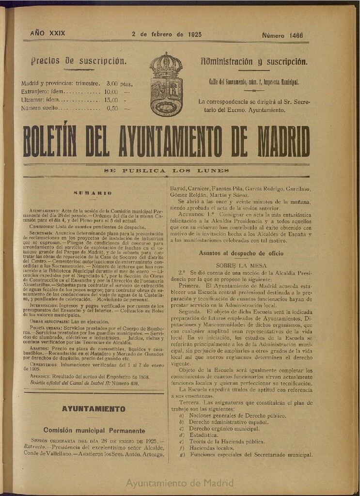 Miniatura de Boletín Oficial del Ayuntamiento de Madrid del 2 de febrero de 1925, nº 1466
