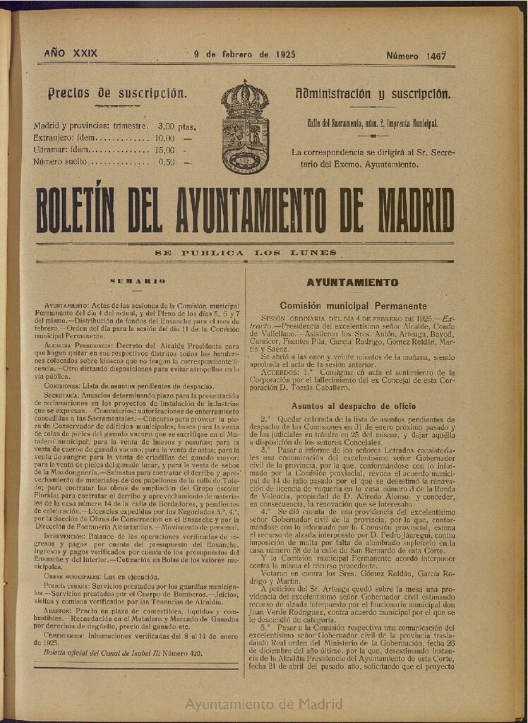 Miniatura de Boletín Oficial del Ayuntamiento de Madrid del 9 de febrero de 1925, nº 1467