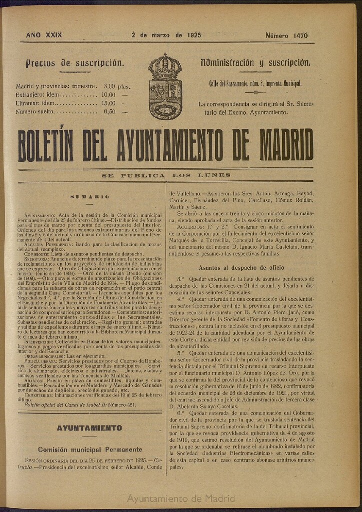 Miniatura de Boletín Oficial del Ayuntamiento de Madrid del 2 de marzo de 1925, nº 1470