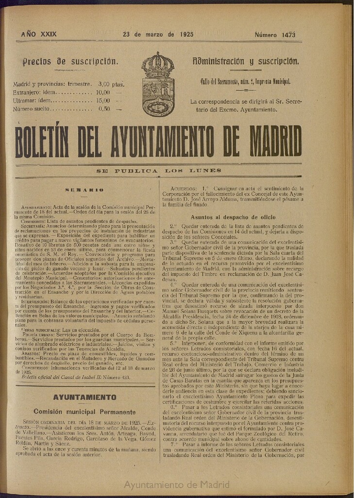 Miniatura de Boletín Oficial del Ayuntamiento de Madrid del 23 de marzo de 1925, nº 1473
