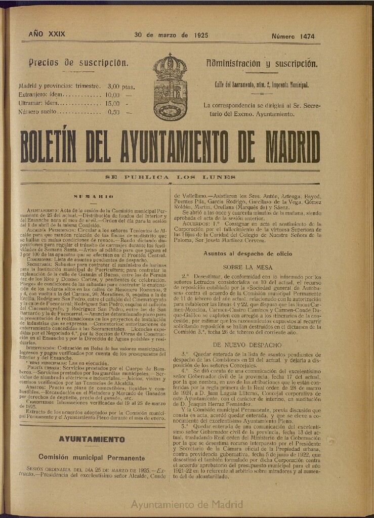 Miniatura de Boletín Oficial del Ayuntamiento de Madrid del 30 de marzo de 1925, nº 1474