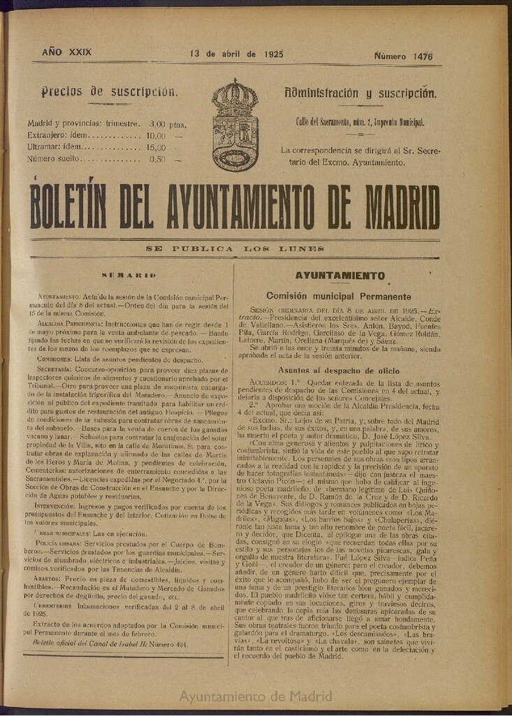 Miniatura de Boletín Oficial del Ayuntamiento de Madrid del 13 de abril de 1925, nº 1476