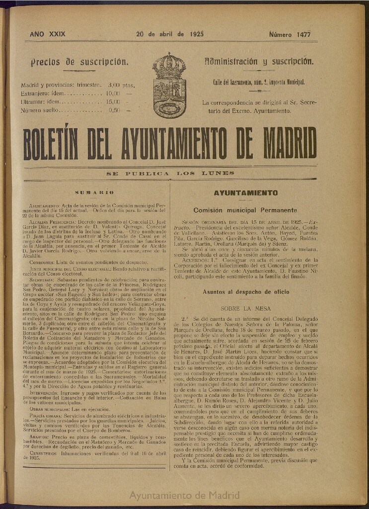 Miniatura de Boletín Oficial del Ayuntamiento de Madrid del 20 de abril de 1925, nº 1477