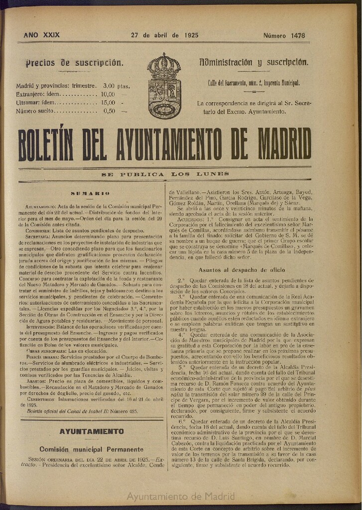 Miniatura de Boletín Oficial del Ayuntamiento de Madrid del 27 de abril de 1925, nº 1478