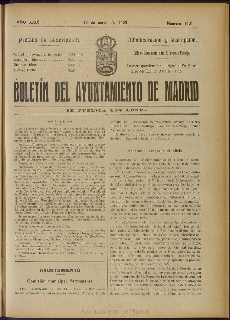 Miniatura de Boletín Oficial del Ayuntamiento de Madrid del 18 de mayo de 1925, nº 1481