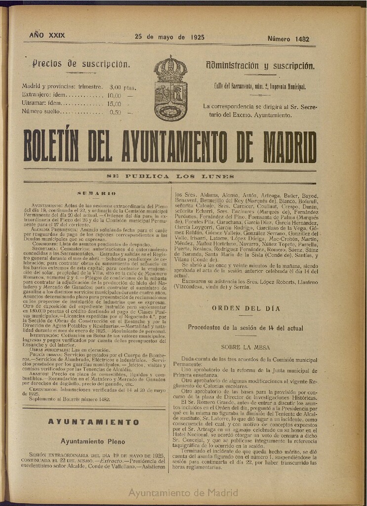 Miniatura de Boletín Oficial del Ayuntamiento de Madrid del 25 de mayo de 1925, nº 1482