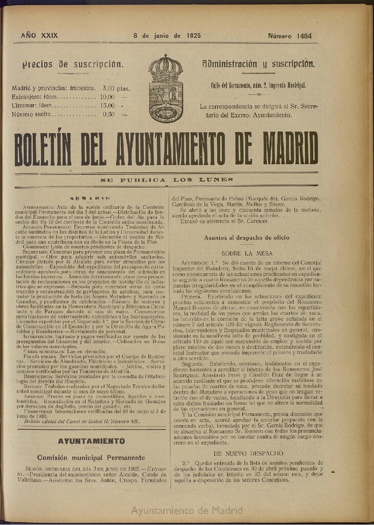 Miniatura de Boletín Oficial del Ayuntamiento de Madrid del 8 de junio de 1925, nº 1484