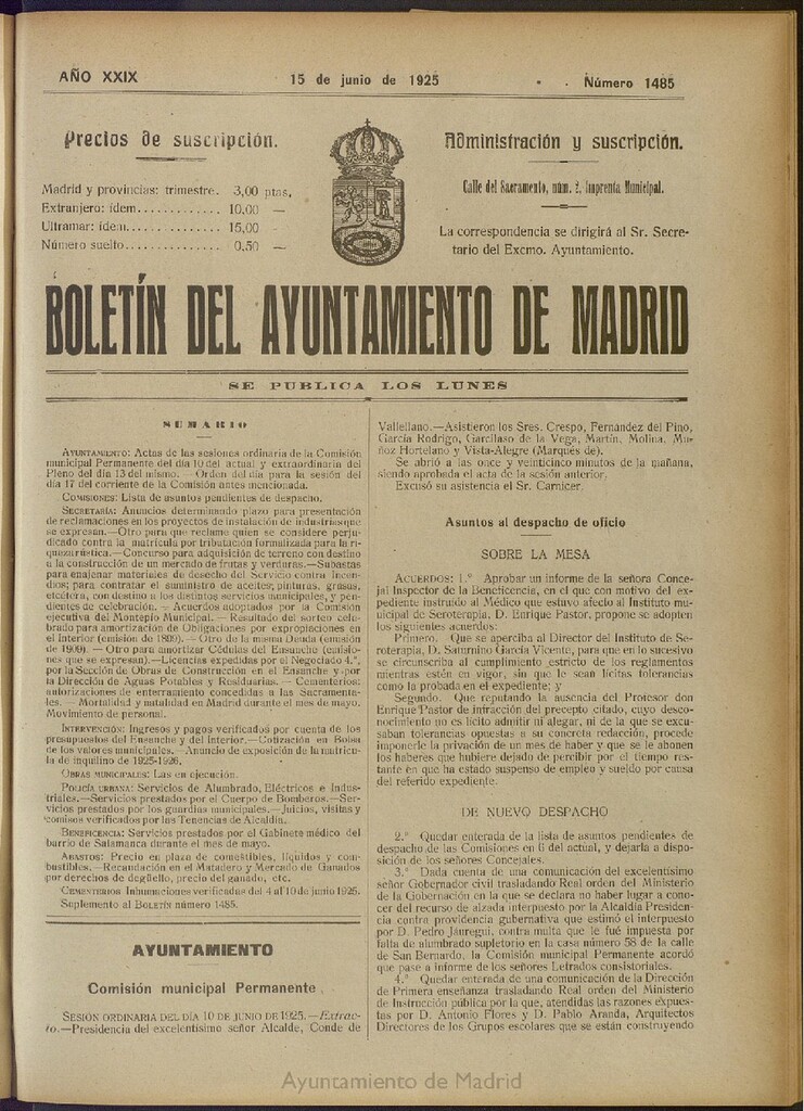 Miniatura de Boletín Oficial del Ayuntamiento de Madrid del 15 de junio de 1925, nº 1485