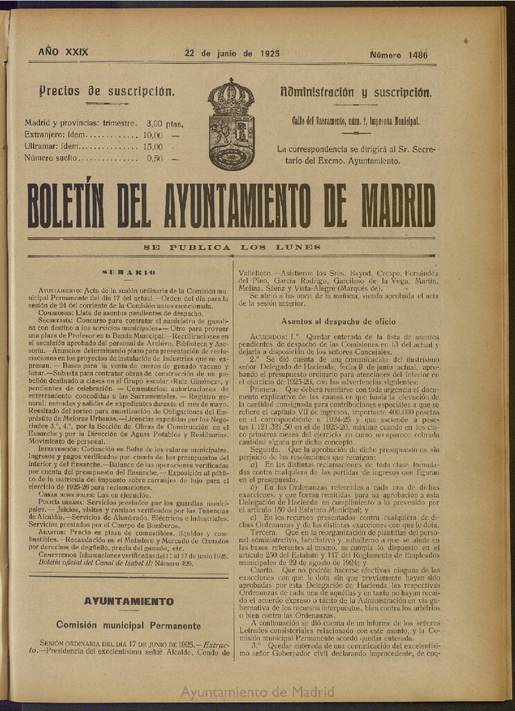 Miniatura de Boletín Oficial del Ayuntamiento de Madrid del 22 de junio de 1925, nº 1486