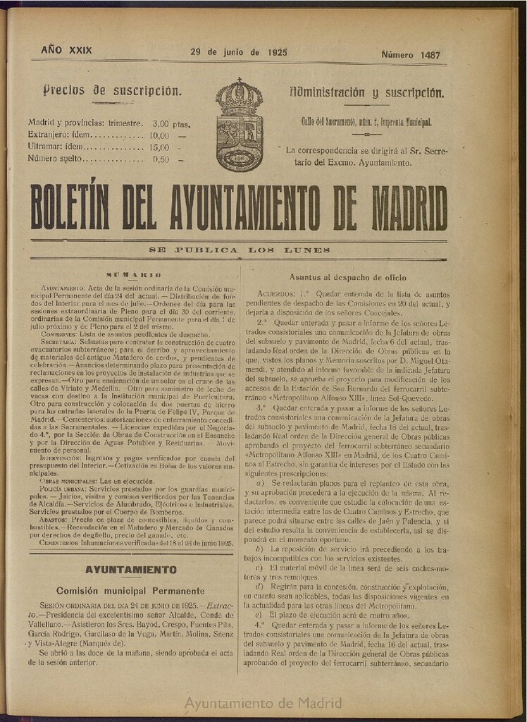 Miniatura de Boletín Oficial del Ayuntamiento de Madrid del 29 de junio de 1925, nº 1487