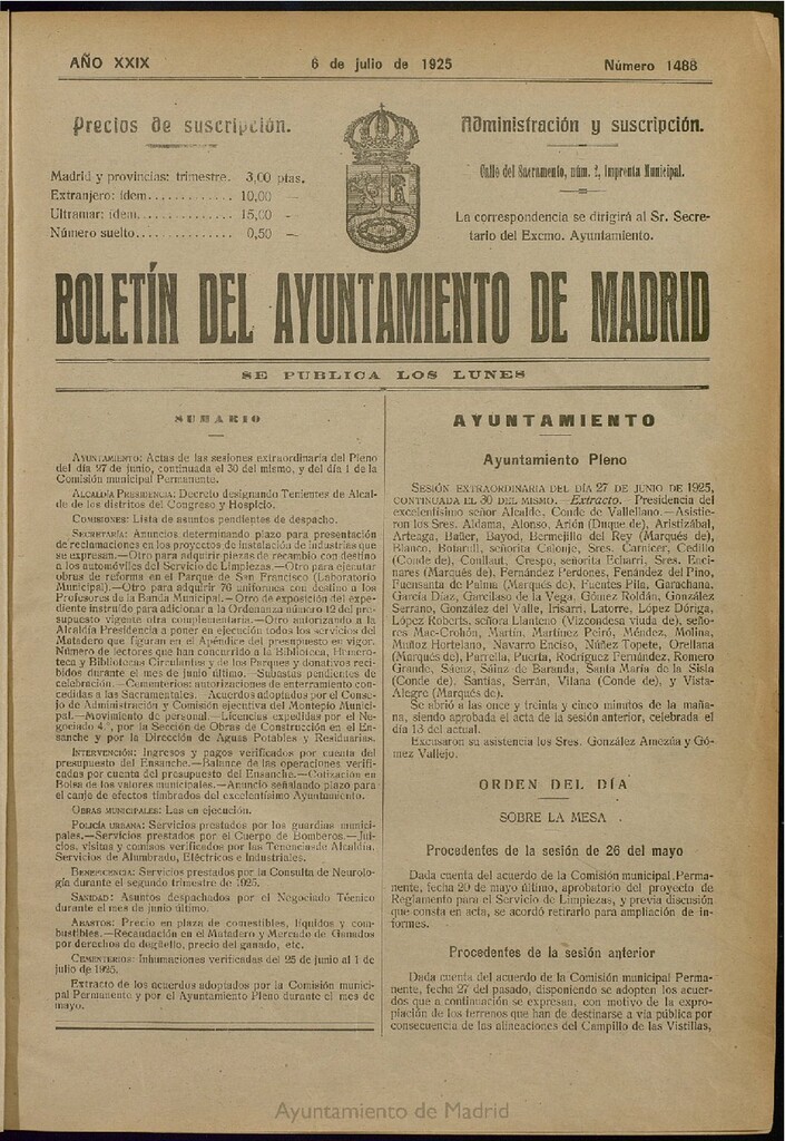 Miniatura de Boletín Oficial del Ayuntamiento de Madrid del 6 de julio de 1925, nº 1488
