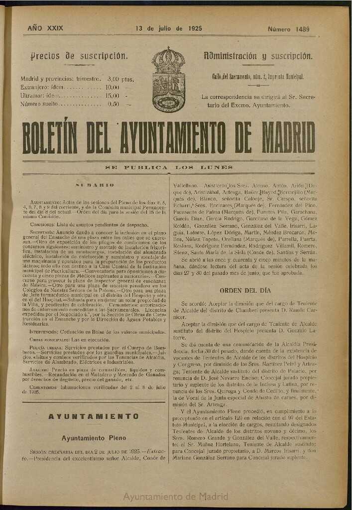 Miniatura de Boletín Oficial del Ayuntamiento de Madrid del 13 de julio de 1925, nº 1489
