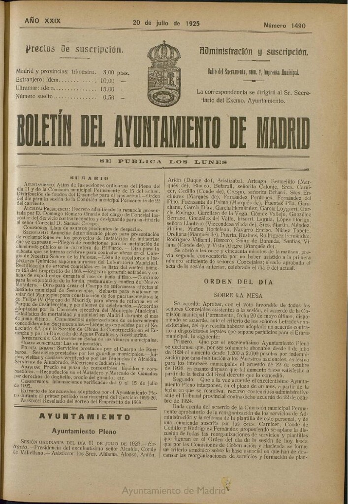 Miniatura de Boletín Oficial del Ayuntamiento de Madrid del 20 de julio de 1925, nº 1490