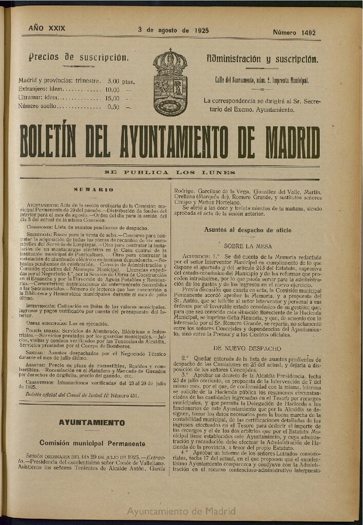 Miniatura de Boletín Oficial del Ayuntamiento de Madrid del 3 de agosto de 1925, nº 1492