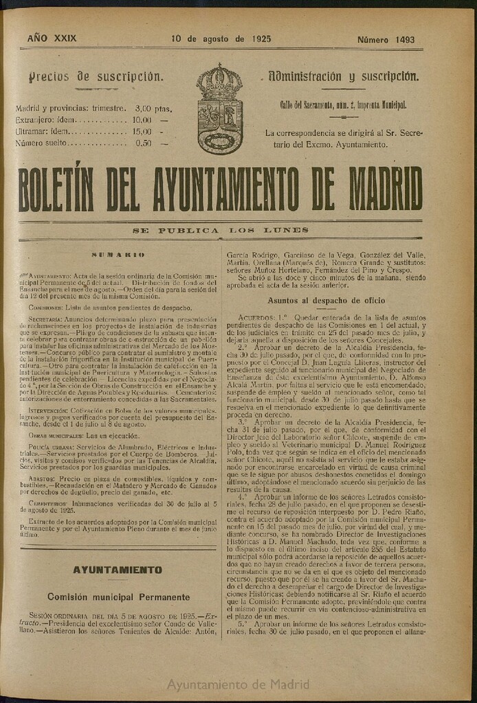Miniatura de Boletín Oficial del Ayuntamiento de Madrid del 10 de agosto de 1925, nº 1493